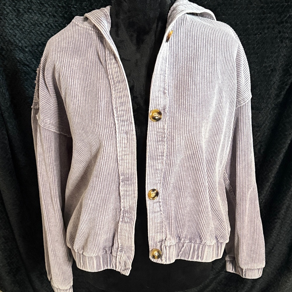 Corduroy Button-Up Jacket with Hood